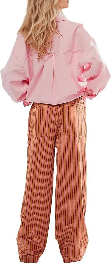 AIHUKOCY Women Drawstring Stripe Wide Leg Casual Trousers Striped Low Rise Casual Loose Lounge Pants with Pockets