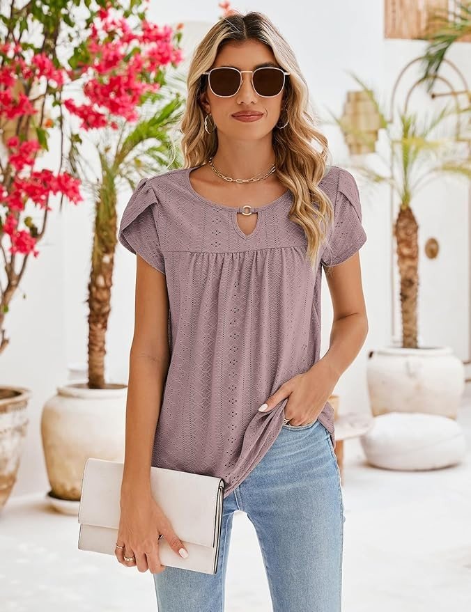 Halife Women's Petal Short Sleeve Shirts Cute Summer Tops Pleated Key Hole Loose Hollow Blouses