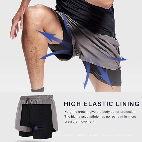Surenow Mens 2 in 1 Running Shorts Quick Dry Athletic Shorts with Liner, Workout Shorts with Zip Pockets and Towel Loop