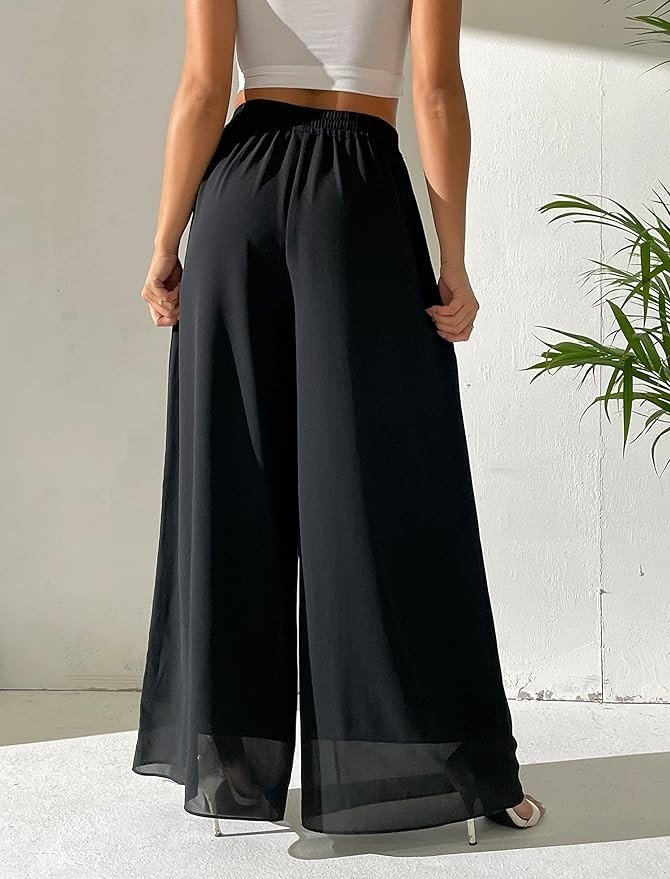 heipeiwa Women's Chiffon Dress Beach Wide Leg Palazzo Pants Elastic Waist Trouser