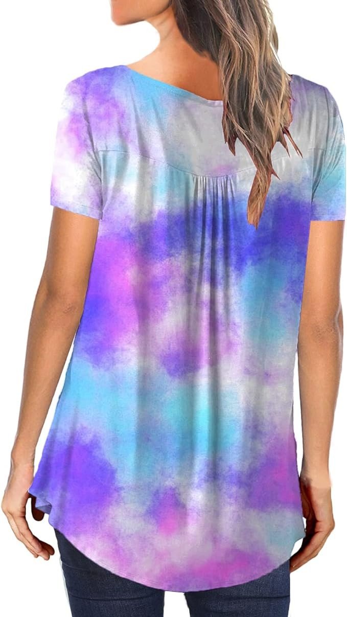 MAYAMANG Women's Floral Tunic Tops Casual Blouse V Neck Short Sleeve Buttons Up T-Shirts