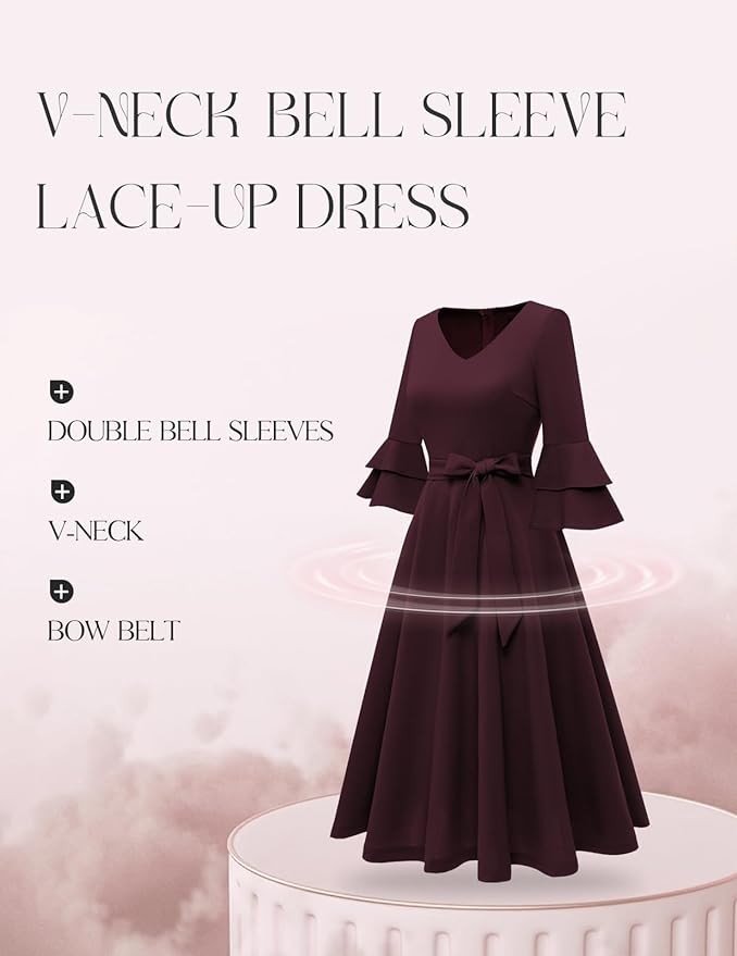 DRESSTELLS Cocktail Dress for Women Elegant & Chic V-Neck Double Bell Sleeve Formal Modest Church Dress for Wedding Guest