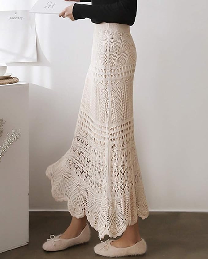 chouyatou Women's Stretched High Waist Crochet Hollow Out Knit Flowy Patterned Lace Maxi Skirt