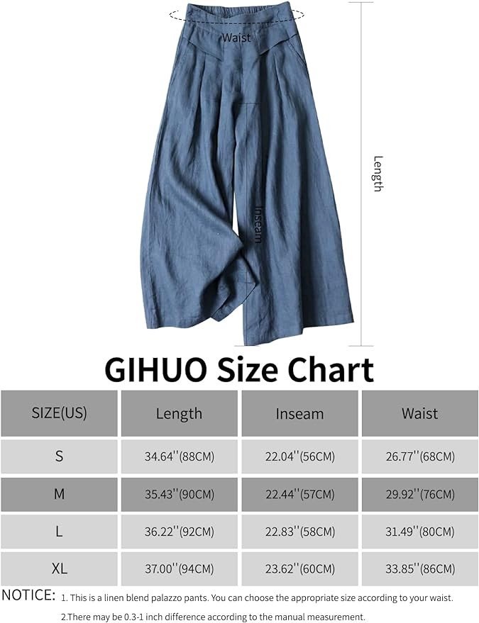 Gihuo Women' s Culottes Linen Blend Wide Leg Pants Elastic Waist Casual Palazzo Trousers with Pockets Capris