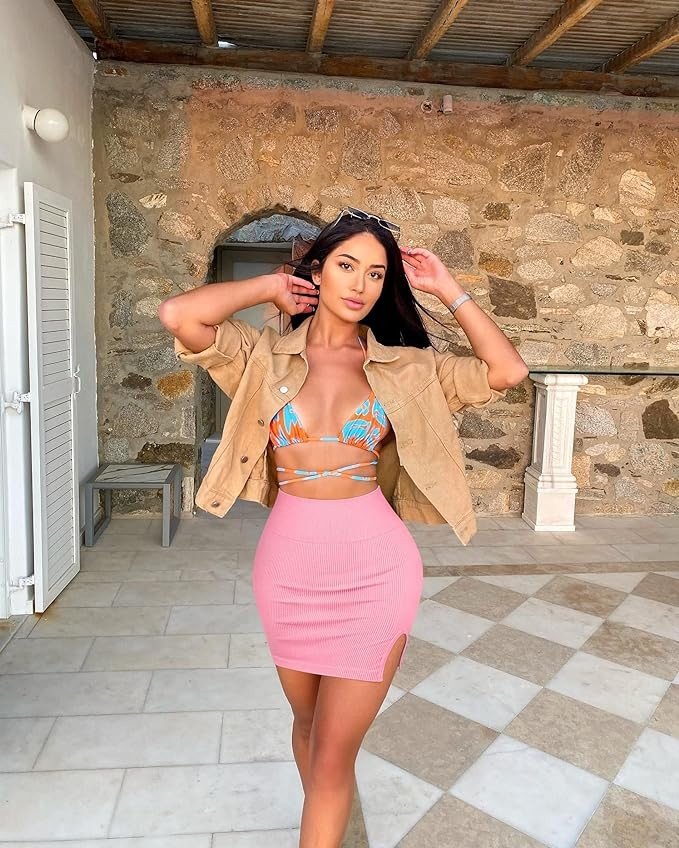 OQQ Women's 2 Piece Skirts Basic Casual Versatile Stretchy Ribbed Split High Waist Mini Skirt