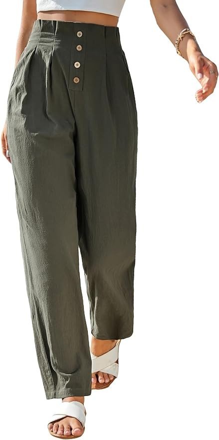 MakeMeChic Women's Casual Solid Linen Paperbag Waist Lounge Pants Button Pleated Tapered Trousers Pants