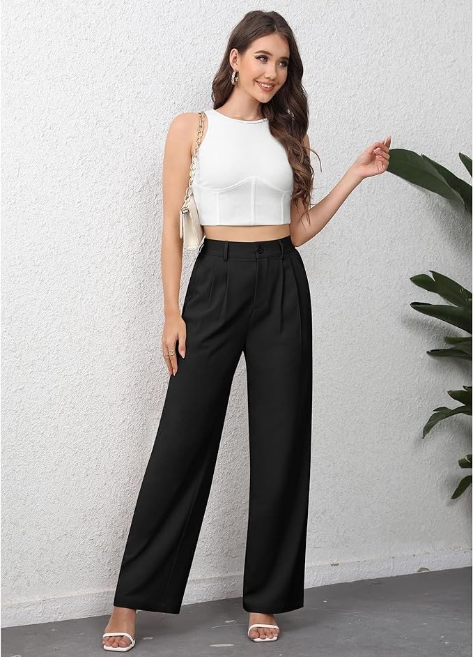 CZYINXIAN Women's Casual Business Work Wide Leg Pants Flowy High Waisted Suit Pants with Pockets