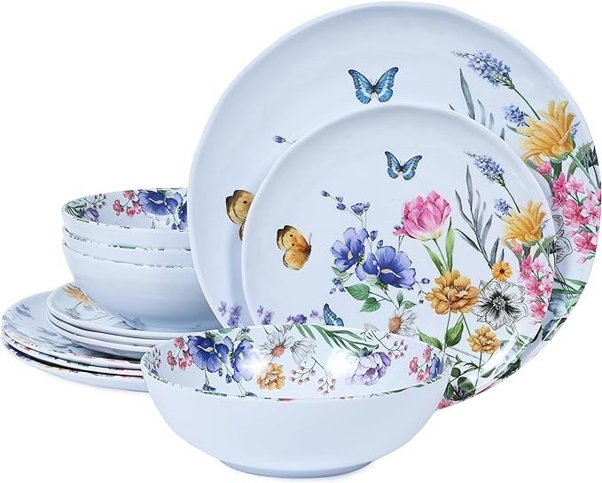 Lechoo 12 Piece Melamine Dinnerware Sets - Plates And Bowls Sets Floral Dinnerware Sets- Spring Camping Dishs Indoor Outdoor Use,Flowers And Butterflies Pattern