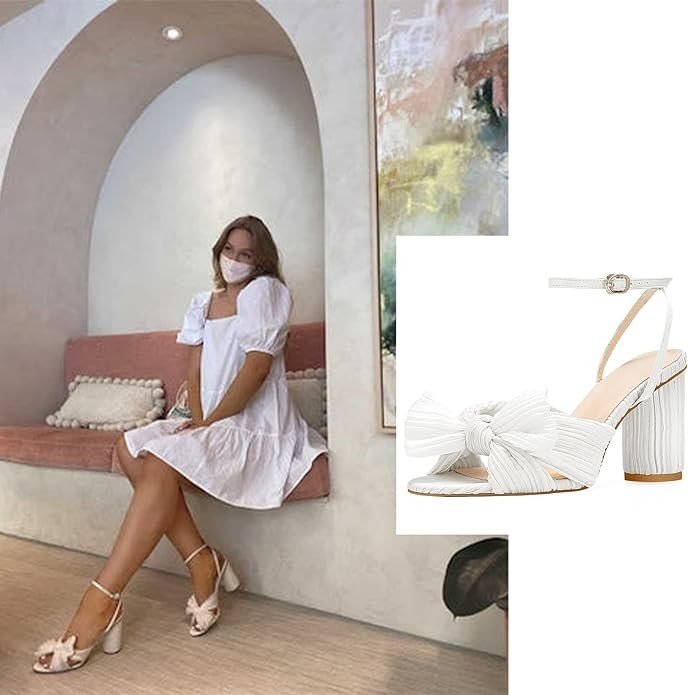 MUCCCUTE Women's Bow Knot Heeled Sandals Ankle Buckle Strap Chunky Heeled Open-toe Comfortable Wedding Party Fashion Heeled Sandals…