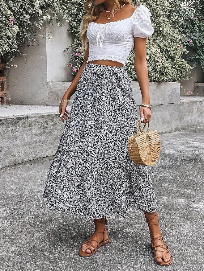 SweatyRocks Women's Casual High Waist Floral Print Skirt Split Thigh A Line Maxi Skirts