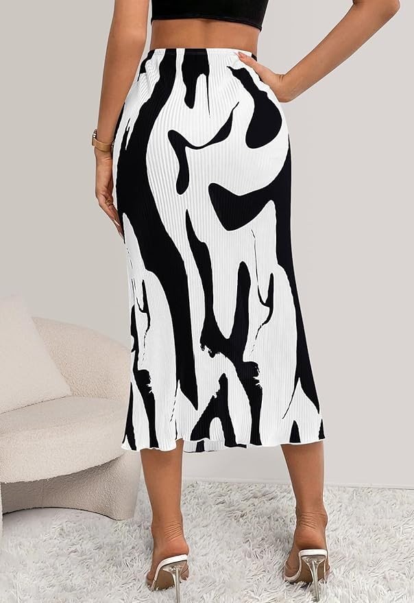 Pretty Garden Womens Floral Casual Stretchy High Waisted Knee Length Pleated A Line Plisse Flared Hem Midi Skirt