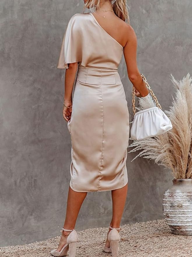 CUPSHE Women's Satin Dress Backless One Shoulder Short Sleeves Midi High Low Hem Cocktail Party Dress
