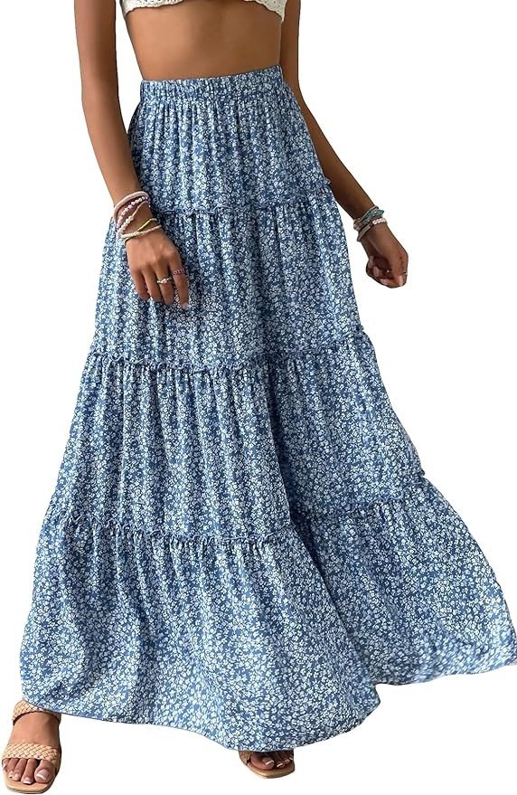 Verdusa Women's Floral Print Elastic High Waist Pleated Ruffle Flowy Long Skirts