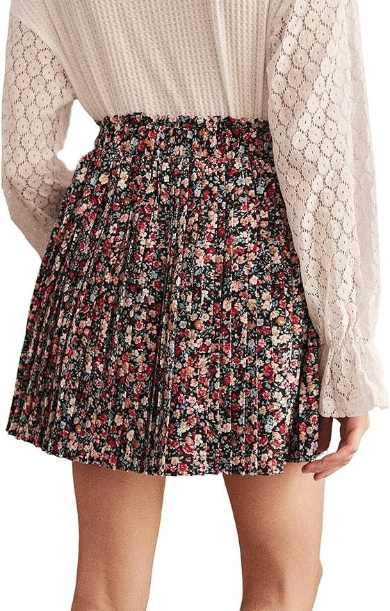 SweatyRocks Women's High Waist Mini Pleated Skater Skirt Flared A-Line Floral Short Skirt