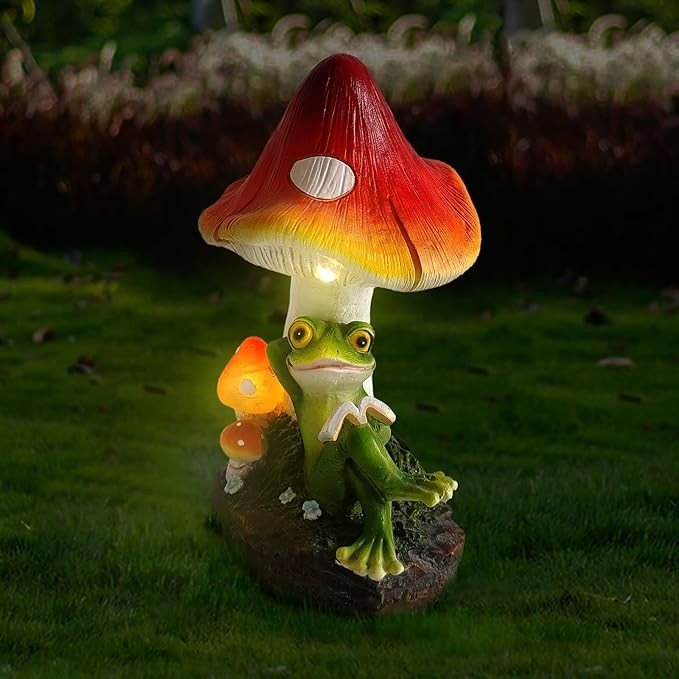 AOC Solar Outdoor Garden Statue, Resin Mushroom Frog Reding Book Sculpture with LED Figurine Lights for Patio Yard Decor, Spring Home Garden Deco