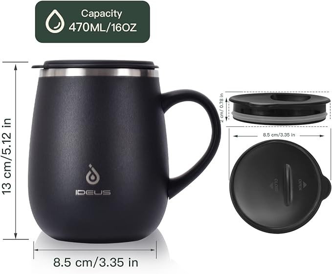 Ideus 16 oz Insulated Coffee Mug with Handle and Lid, Double Wall Stainless Steel Vacuum Insulated Tumbler Cup, Travel Coffee Cup Thermal Cup for Home and Office, Storm Black
