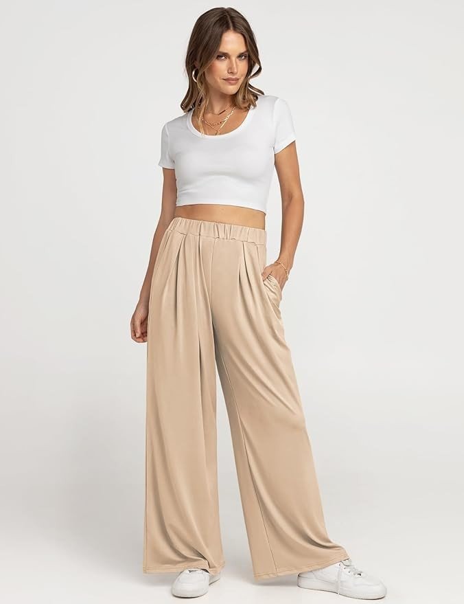 UEU Womens Wide Leg Palazzo Pants Casual High Waisted Flowy Lounge Pants with Pockets