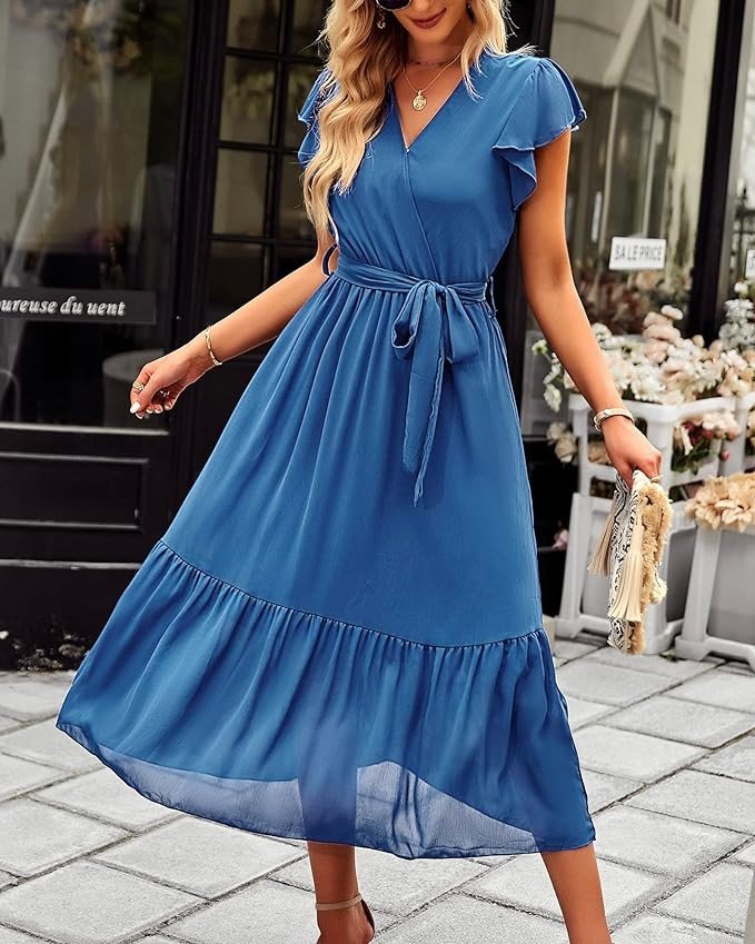 Bequemer Laden Women's Summer Floral Dress Wrap V Neck Short Sleeve Belted Ruffle Beach A-Line Bohemian Maxi Dresses