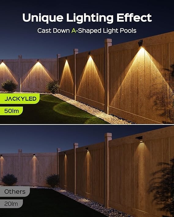 JACKYLED 2024 New Solar Fence Lights, 50 Lumens Bright Fence Lights Solar Powered Deck Lights, Outdoor Waterproof LED Fence Lights for Outside Deck Patio Railing Wall (12 Pack)