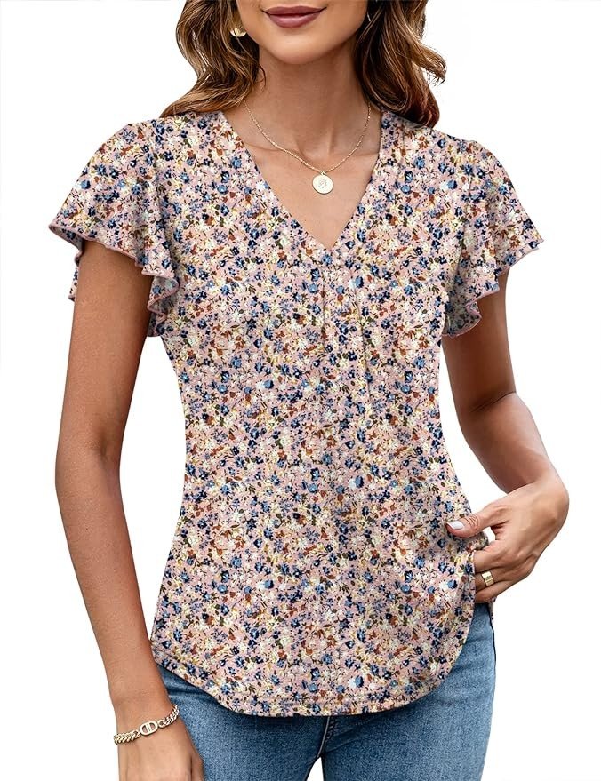 LOMON Womens Tops Dressy Casual Summer Flutter Sleeve T-Shirts Ruffle Short Sleeve Loose V Neck Tunic Tops