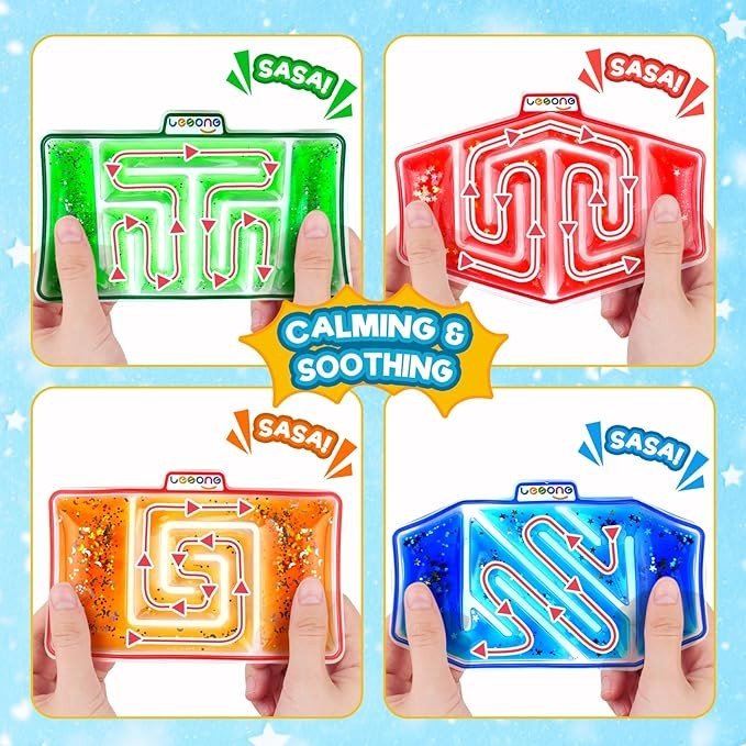 Squishy Tube Sensory Fidget Toys for Kids: 4 Pack Sensory Toy Maze Filled with Colorful Goo, Glitter, Calming Toys for Children Teens with Autism, ADHD - Stress Anxiety Relief Special Needs Classroom