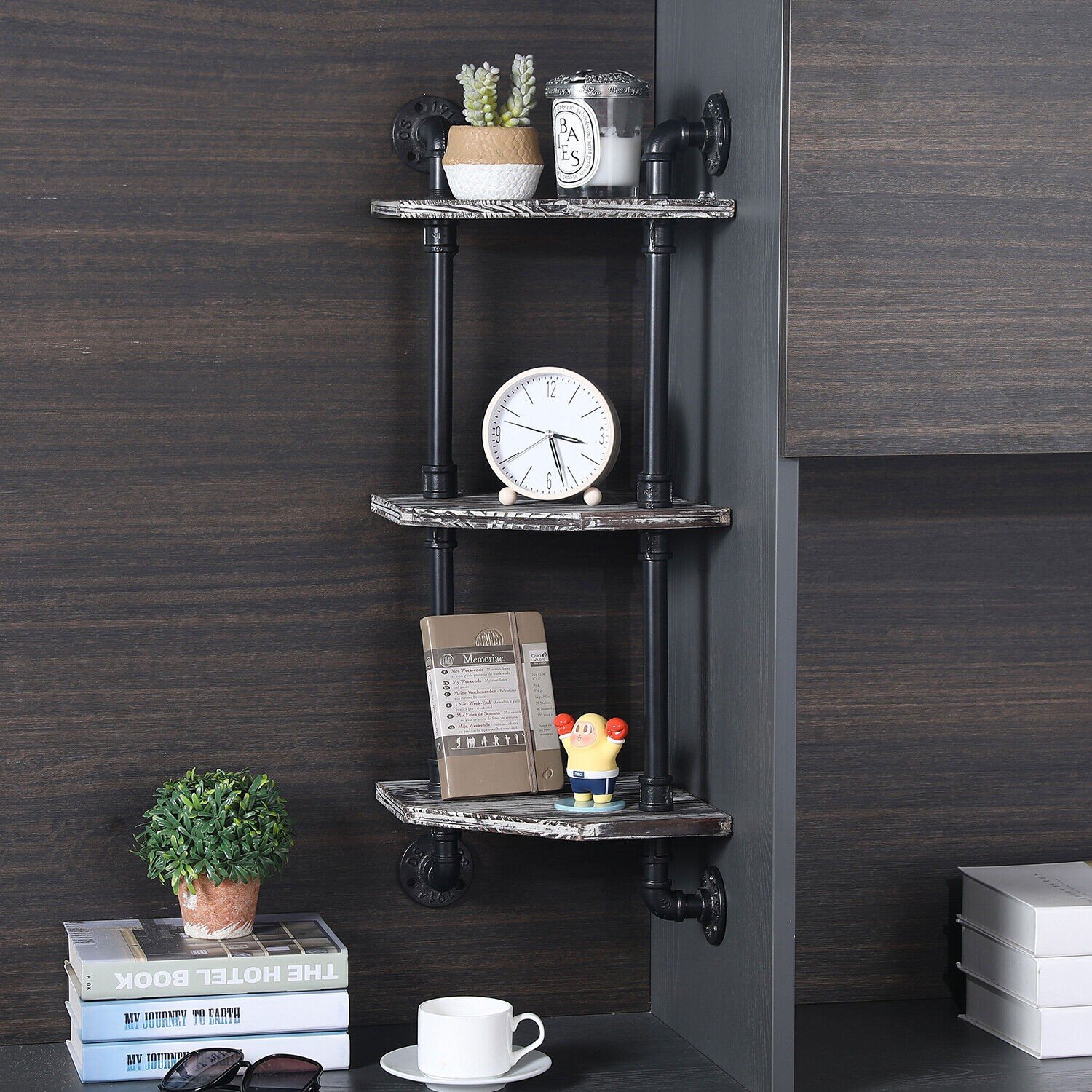 3 Tier Rustic Torched Wood Corner Display Shelves w/ Industrial Metal Pipe Frame
