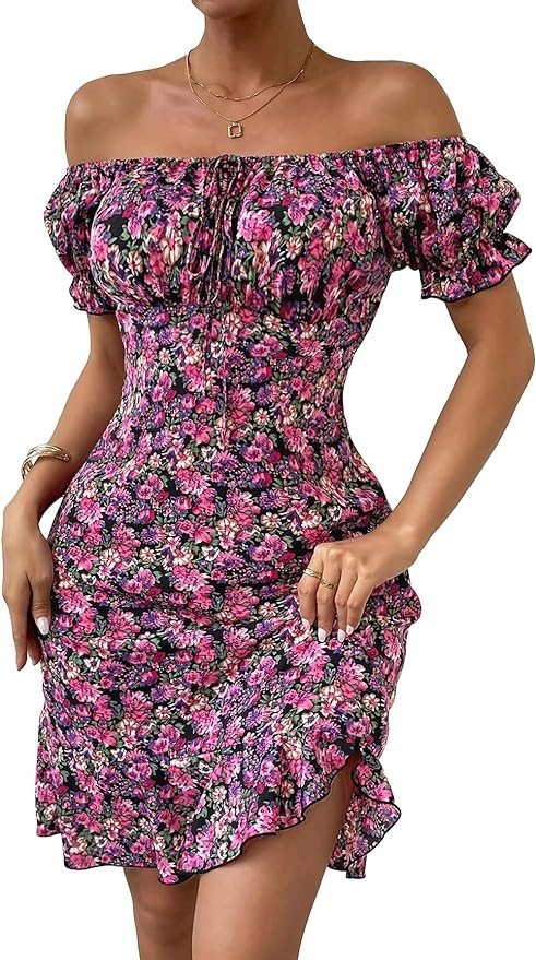 Floerns Women's Floral Summer Dress Tie Front Off Shoulder Short Sleeve Dress