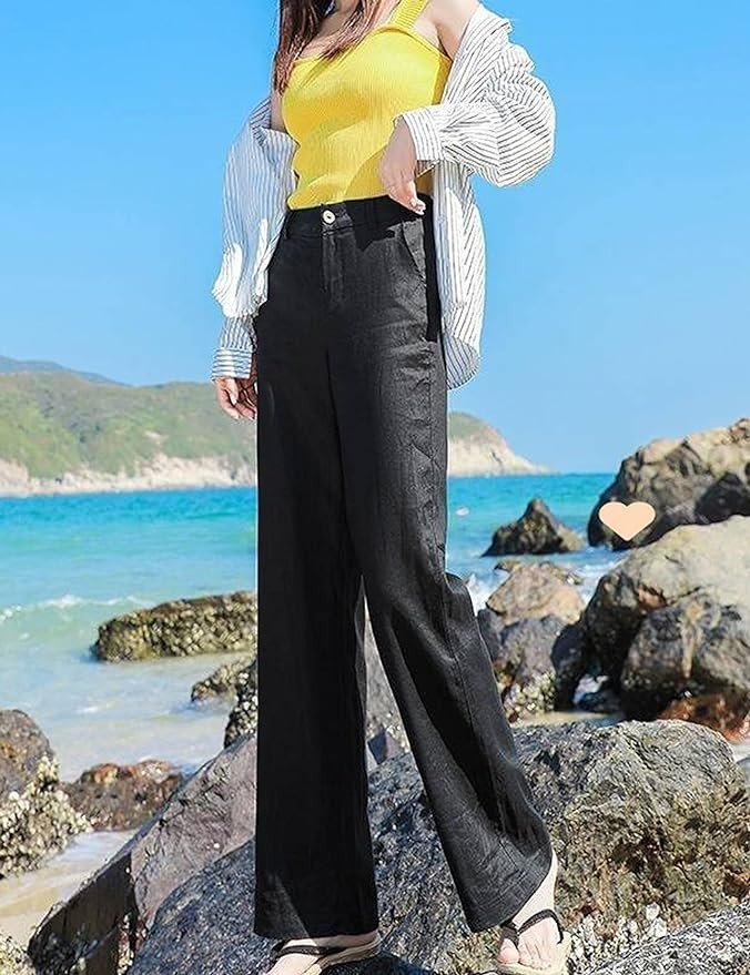 Hooever Womens Casual High Waisted Wide Leg Pants Button Up Straight Leg Trousers
