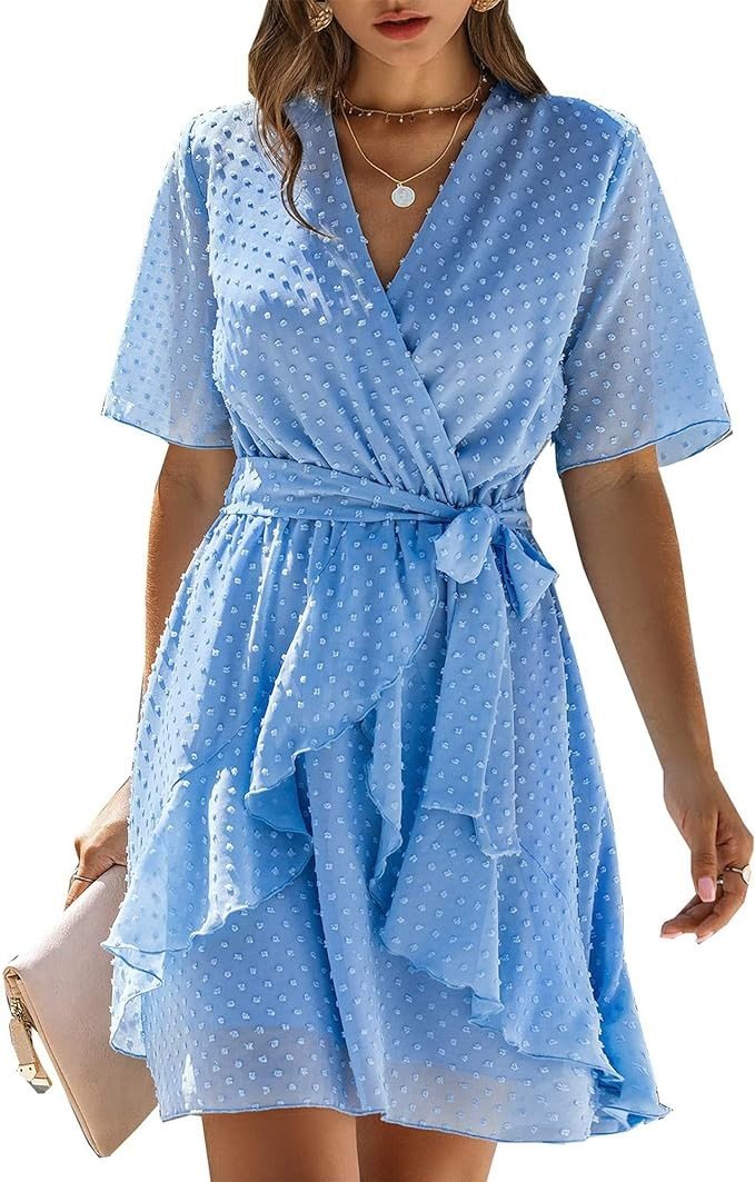 BTFBM Women 2023 Fashion Faux Wrap V-Neck Dresses Short Sleeve High Waist Belt Swing Ruffle Hem Aline Summer Short Dress