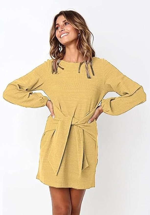 Pretty Garden Womens Long Lantern Sleeve Crewneck Tie Waist Knit Cocktail Dress