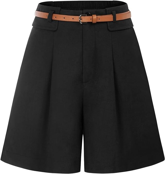 Belle Poque Bermuda Shorts for Women with Belt Pockets High Waisted Fold-Over Leg Opening Cotton Fabric Causal Summer Shorts