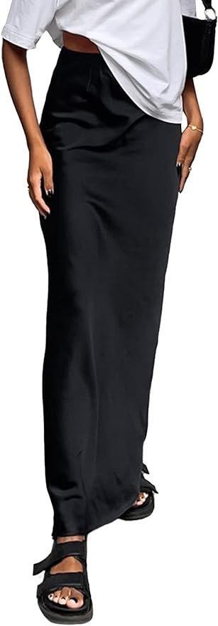 Vrtige Women's Elegant Satin Silky High Waist Zipper Flowy A Line Maxi Long Skirt