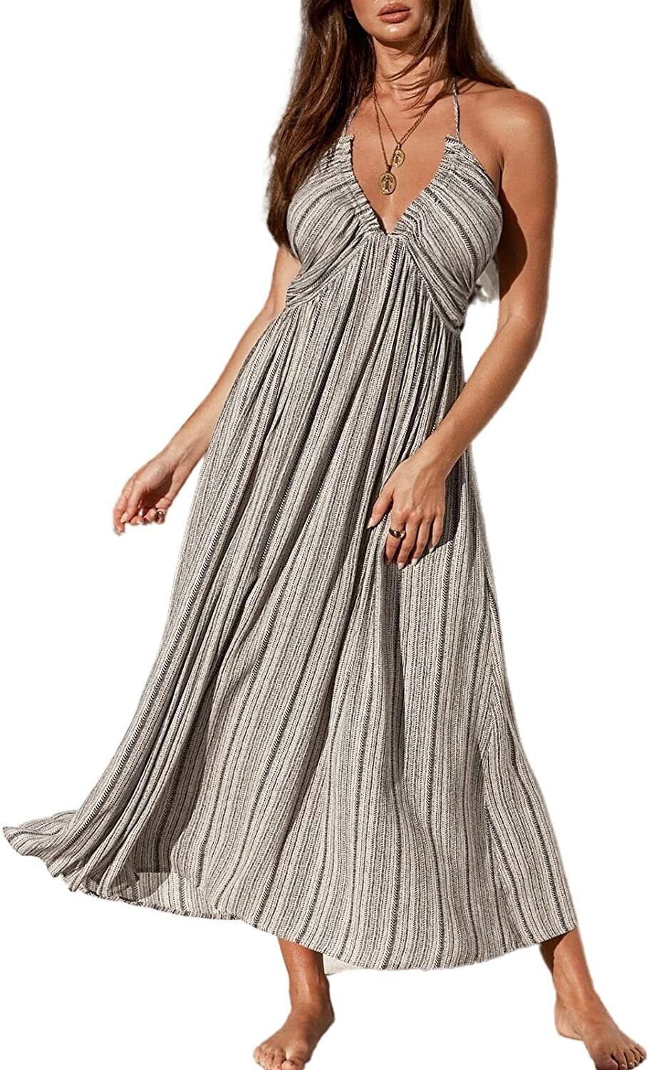CUPSHE Women Summer Halter Smocked Maxi Dress Plunge Sleeveless Long Solid Fitte