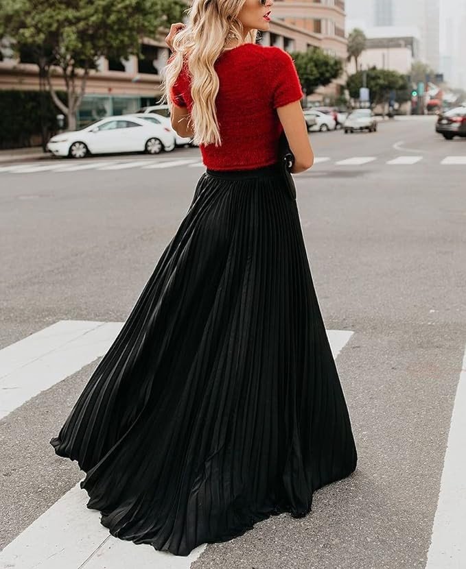 Leyoutx Women's High Elastic Waist Pleated Flowy Swing A-line Maxi Skirts