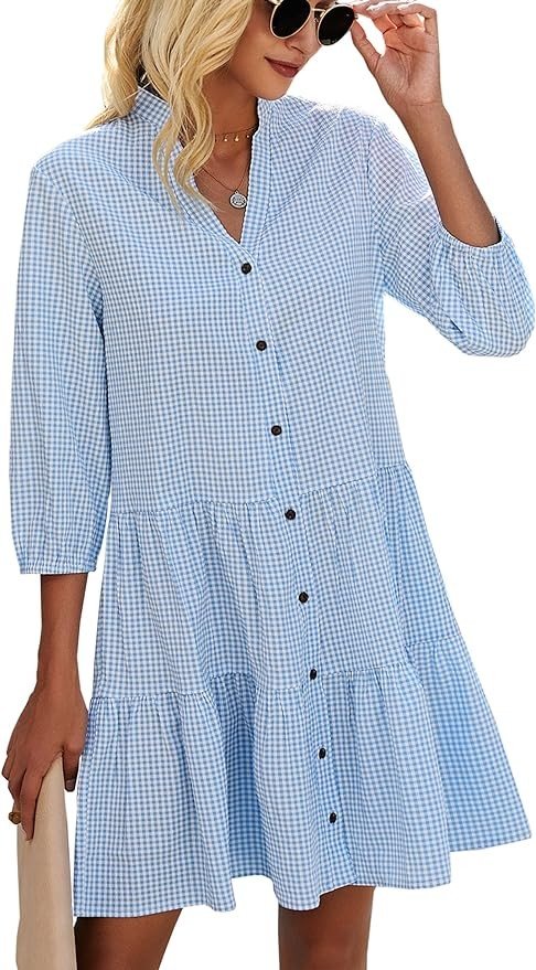 CCTOO Women's Summer Dresses Casual V Neck Button Down 3/4 Sleeve Floral Print Loose Flowy Shirt Dress