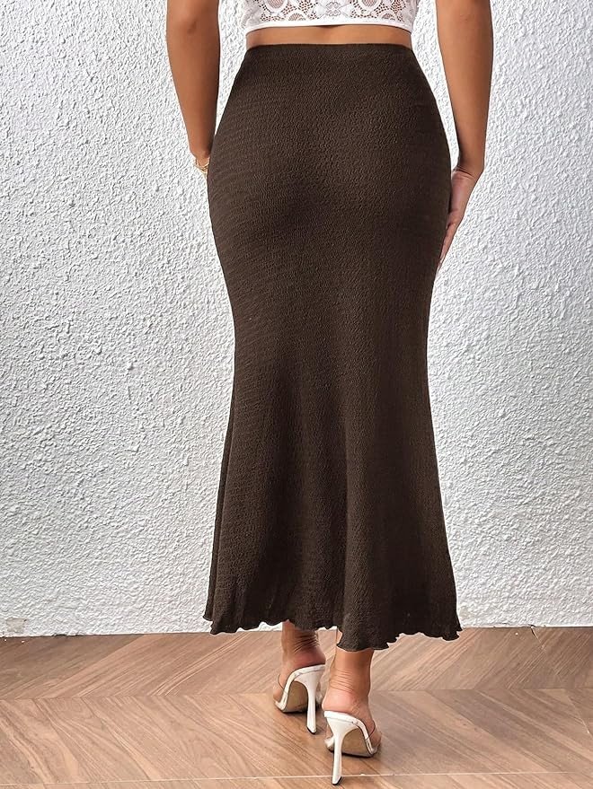 GORGLITTER Women's Solid Pencil Skirt Lettuce Trim Bodycon Long Skirts Dress