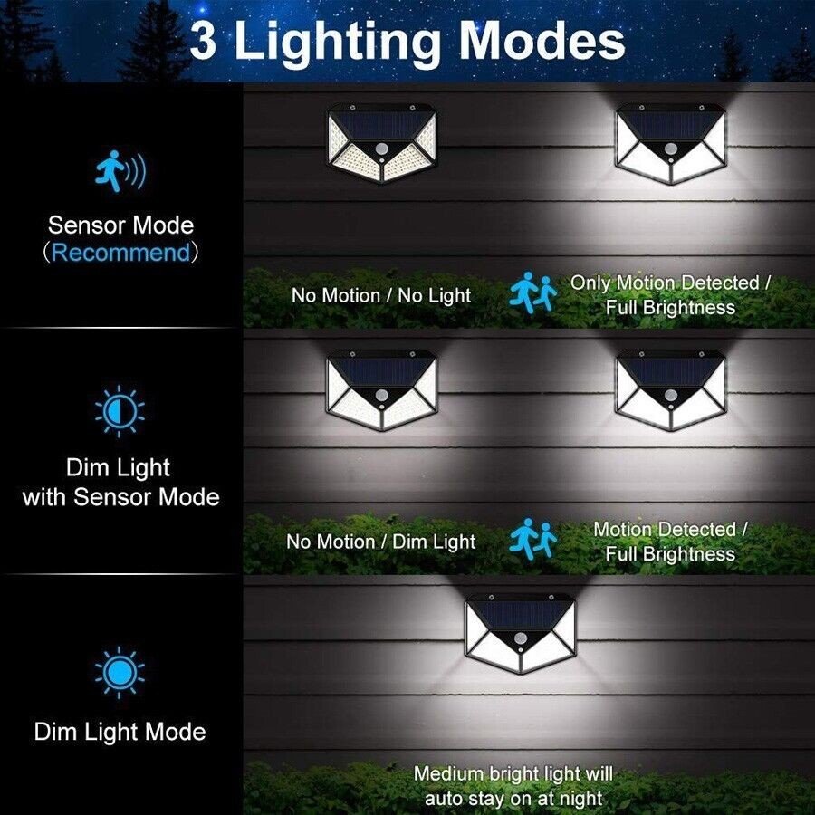 4x 100 LED Solar Power Wall Light Outdoor PIR Motion Sensor Security Garden Lamp