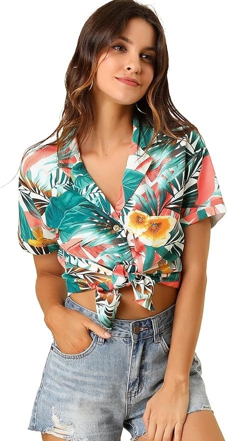 Allegra K Women's Hawaiian Shirt Floral Leaves Printed Short Sleeve Top Button Down Shirt
