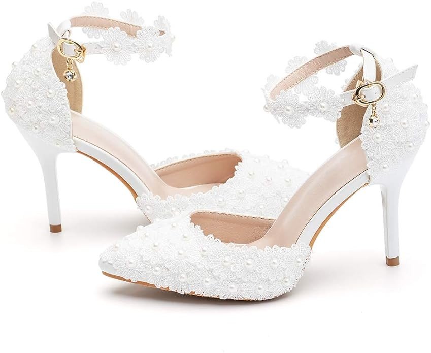 Dress First Women's High Heel Pumps Closed Toe Sandals with Floral Lace Pearls Strap Stiletto Bridal Wedding Party Shoes,3.74"