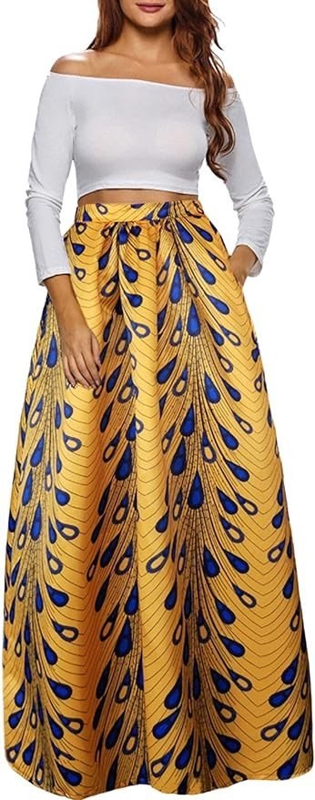 Afibi Women African Printed Maxi Skirt Flared Skirt A Line Long Skirts with Pockets S-5XL