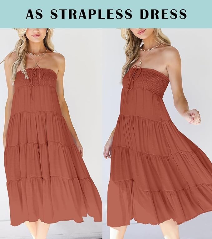 HAEOF Women's Summer Elastic High Waist Boho Maxi Skirt Casual Drawstring A Line Flowy Swing Long Skirts