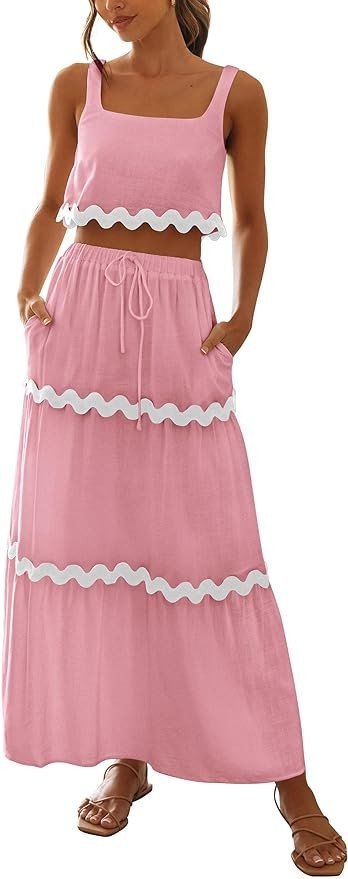 Pretty Garden Womens 2 Piece Summer Casual Sleeveless Cropped Tank Top High Waisted Maxi Skirt Set