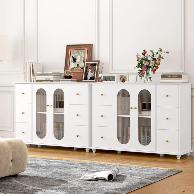 Homfa Modern Sideboard with Glass Door, 6 Drawers Accent Storage Cabinet, White