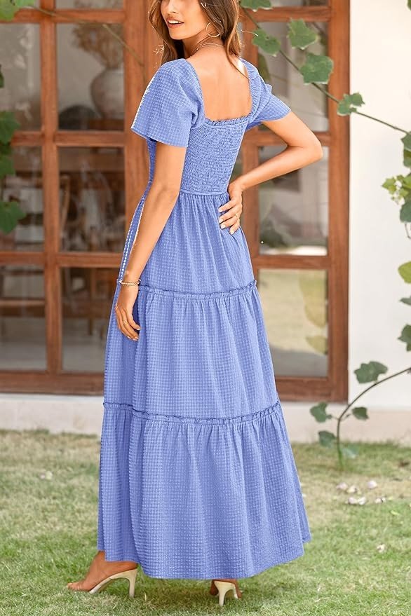 Pretty Garden Womens Square Neck Smocked Tiered Ruffle Long Swing Boho Dress With Pockets