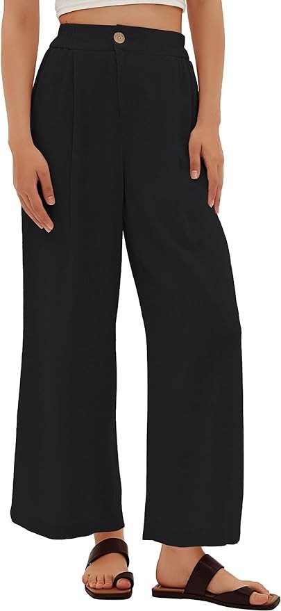Beaully Women's Casual High Waisted Wide Leg Linen Pants Button Up Straight Leg Trousers with Pocket
