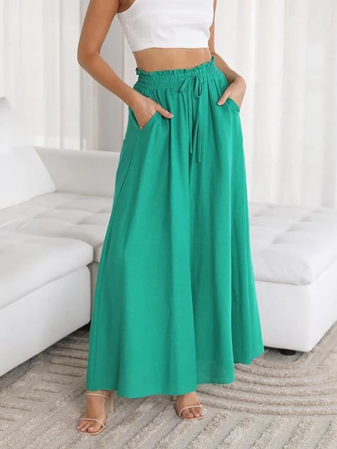 Vidifid Womens Casual Wide Leg Pants Ruffle Elastic Drawstring Beach Palazzo Loose Pants Comfy Trousers with Pockets
