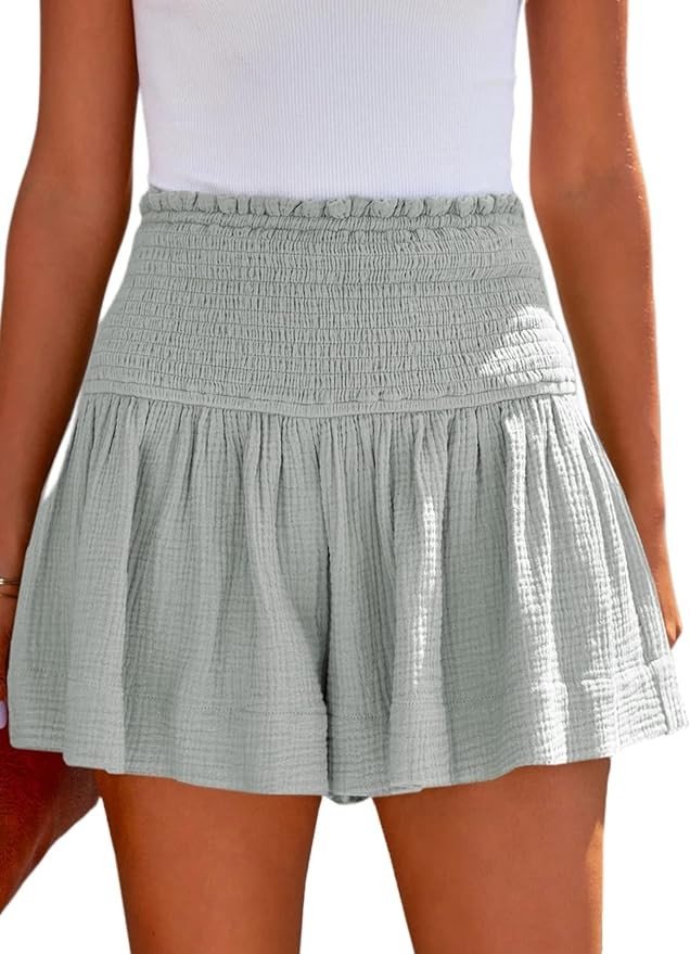 Dokotoo Womens Shorts Cotton High Elastic Waisted Pleated Ruffle Cute Shorts Beach Flowy Casual Shorts S-XL