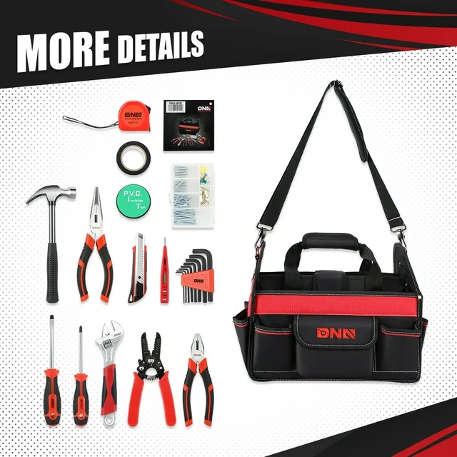 DNA Motoring TOOLS-00207 Red 21 PCs Portable Tool Kit Household General Repair Combination Pliers Adjustable Wrench Set Hand Tool Canvas Bag