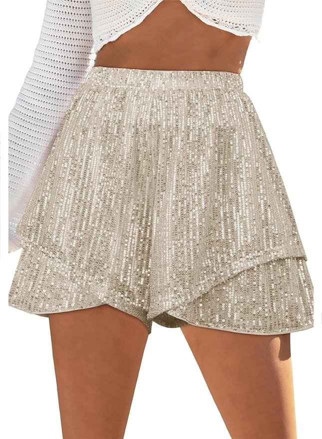 Dokotoo Womens Sequin Shorts Elastic Waist Wide Leg Sparkle Casual Flowy Shorts for Women Trendy