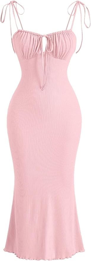 Verdusa Women's Ruched Knot Front Tie Shoulder Sleeveless Fishtail Bodycon Cami Dress